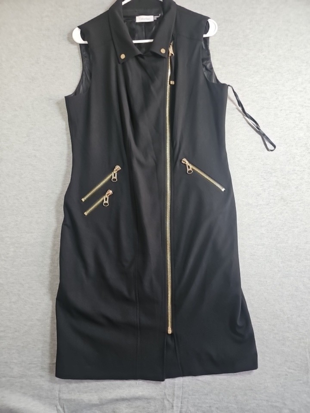 Calvin Klein Sleeveless Black Zip-Front Dress with Gold Hardware